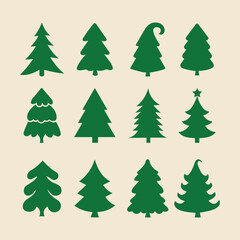 Collection of Christmas tree vector silhouettes in various shapes and styles. Simple, clean evergreen designs ideal for holiday decorations, winter themes, logos, and festive graphic projects.