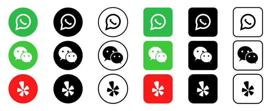 whatsap wechat yelp icon Collection of communication, messaging, and review app icons in various styles
