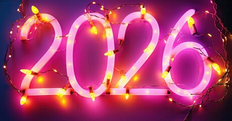Bright pink neon numbers display year 2026. Festive lights outline digits, creating vibrant celebratory visual.