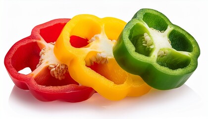 bell pepper slices in red yellow and green isolated on transparent or white background