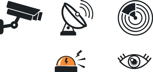Set of Surveillance and Monitoring Icons in Black and White