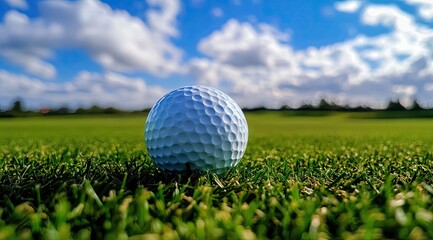 Obraz premium Golf ball on a green course, sunny day