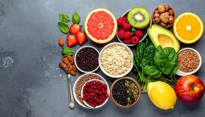 A vibrant flat lay of healthy foods including fruits, vegetables, nuts, seeds, and grains.