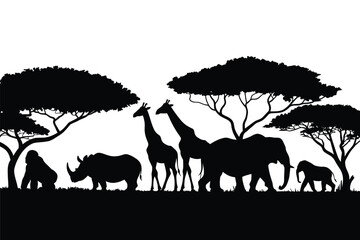 African wildlife silhouette with acacia trees