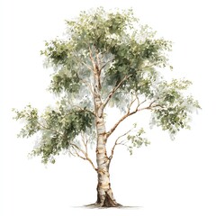 Watercolor Birch Tree Illustration with Green Leaves & White Bark. Natural Botanical Element for Design Projects & Nature Concepts.
