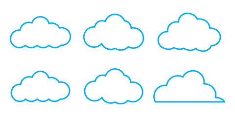 Obraz premium Simple cloud outlines in various shapes. Cloud designs in a repeating pattern. Minimalist cloud icons for weather themes. Blue cloud outlines on white. Weather illustration, vector set