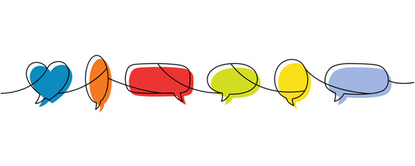 Minimalist continuous line art with six colorful speech bubbles. Creative outline art for communication and relationship themes