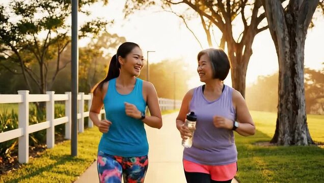 Active mother and daughter jogging together enjoying sunny morning workout - Powered by Adobe