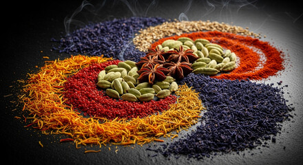 A striking still life composition of rare and exotic spices