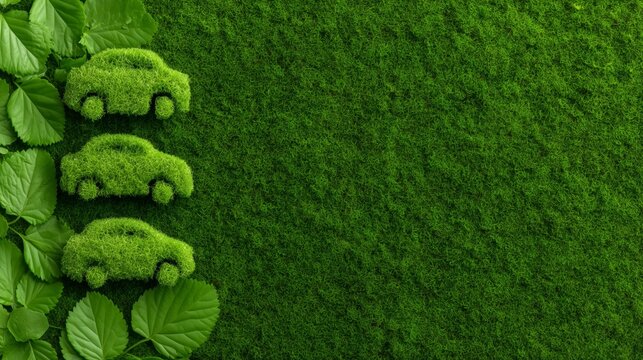 Green moss cars and fresh leaves symbolizing eco-friendly transportation and a sustainable future