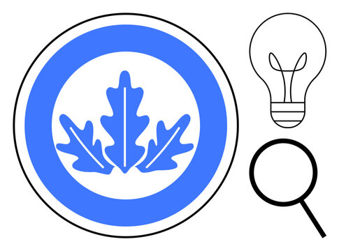 Circular blue oak leaf emblem alongside a light bulb and magnifying glass representing innovation, research, sustainability, creativity, nature, discovery, and eco-friendly concepts in a simple flat