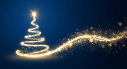 Abstract glowing golden christmas tree with sparkling lights on dark blue background