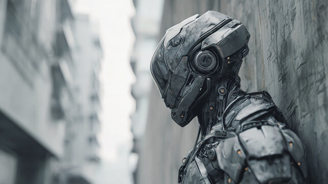 A lone robot stands against a weathered wall, a futuristic vision of artificial intelligence. It evokes a sense of introspection and isolation