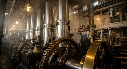 Industrial worker stands near massive polished engine machinery within a dimly lit factory setting