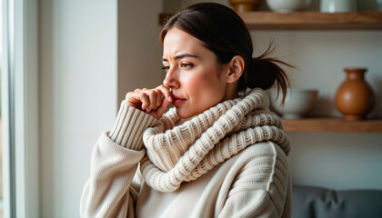 Young woman looking pensive while sitting indoors with a cozy sweater, Concept of Walking pneumonia