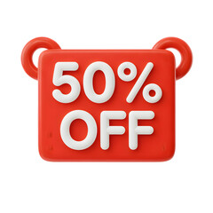 50_ Off sale Banner 3d icon in cartoon plastic style minimal isolated on transparent white background, clipping path