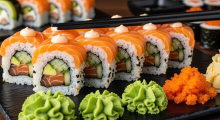 Mouthwatering sushi rolls featuring fresh salmon, cucumber, and rice. Artfully arranged with vibrant garnishes for an appetizing presentation.