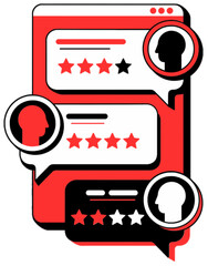 Customer review with various star ratings and user profiles displayed on a digital interface, vector illustration online feedback and service evaluation isolated on transparent background.