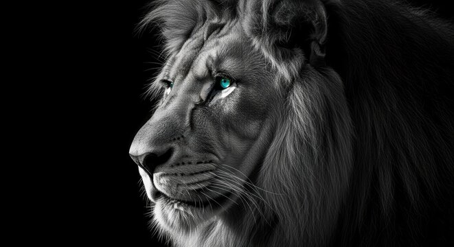 A striking black and white close-up of a powerful lion's face, its intense gaze and piercing eyes captivating the viewer against a dark backdrop.