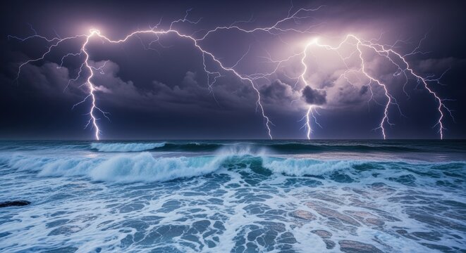 Dramatic thunderstorm over the ocean, with powerful lightning illuminating the stormy sky and crashing waves below. The raw power and beauty of nature's intensity.