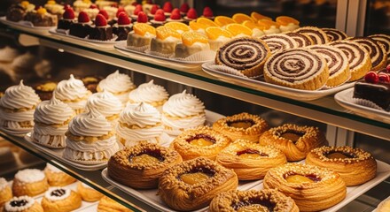 Vibrant display of assorted pastries and desserts, including cakes, tartlets, and cream-filled rolls, in a cozy bakery or cafe setting.