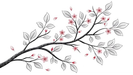 Elegant Thin-Line Branch with Tiny Leaves &ndash; Minimal Monochrome Botanical Art