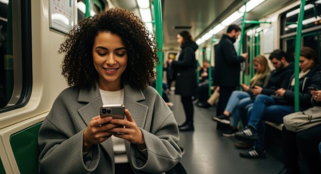 Young woman with curly hair smiling while using smartphone on subway train. Passengers visible in background. Perfect for urban lifestyle, commuting, and mobile technology concepts. - Powered by Adobe