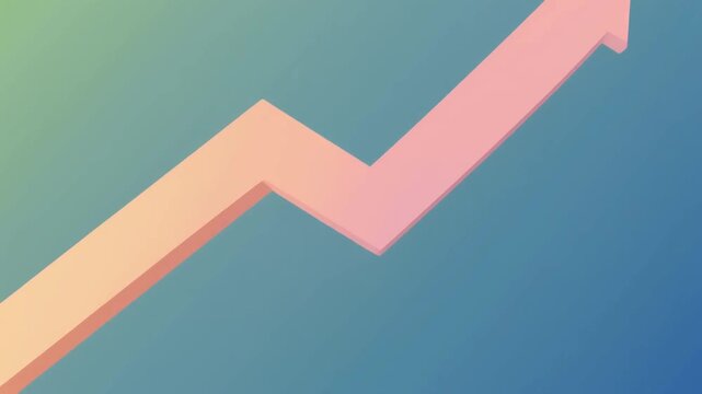 A stylized, upward-pointing arrow with a gradient color scheme, on a blue background.