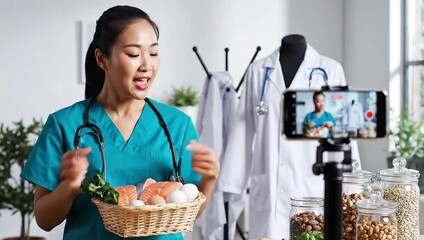 Dynamic nutrition expert presenting healthy food choices in online video stream - Powered by Adobe