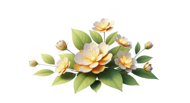 Delicate bouquet of yellow and pink flowers with green leaves on a black canvas transparent background white background - Powered by Adobe