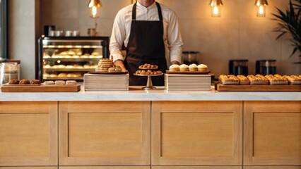 Person in apron serving pastries behind a cafe counter