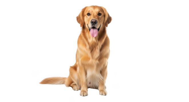 Golden retriever dog sitting and looking engaged with tongue slightly out transparent background white background