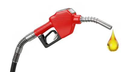 Red fuel pump nozzle dispensing golden fuel droplet against transparent background white background