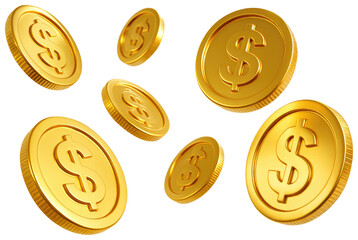 Floating golden dollar coins with dollar sign embossed on white background money currency isolated on a transparent background