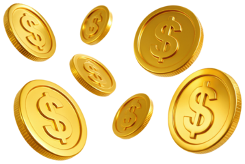 Floating golden dollar coins with dollar sign embossed on white background money currency isolated on a transparent background