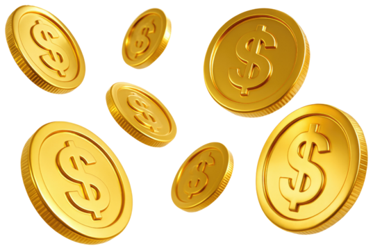 Floating golden dollar coins with dollar sign embossed on white background money currency isolated on a transparent background
