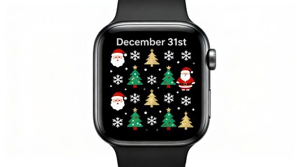 Smart watch displaying New Year's Eve date with holiday design isolated on white. Modern technology and Christmas tradition combination concept.