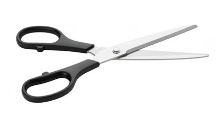 Open pair of sharp scissors with black handles and shiny silver blades tool for cutting transparent background white background white background
