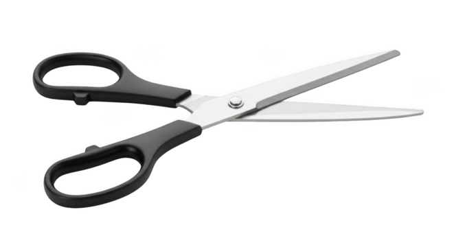 Open pair of sharp scissors with black handles and shiny silver blades tool for cutting transparent background white background white background