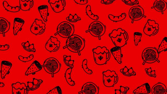 Bright red pattern featuring beer, sausage, pizza, and ice cream. Perfect for food and beveragerelated designs or restaurant promotions.