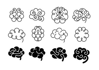 Human brain icon. Brain side view and up view. Negative space collection. Simple ornament in Brain on white background. Hand drawn minimalism style.