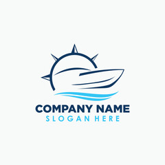 cruise ship and compass logo template, traveling vintage logo