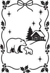 Winter wonderland illustration with a mother bear and cub, a cozy cabin, and a festive holly frame, perfect for holiday designs isolated on white background, Vector, illustration