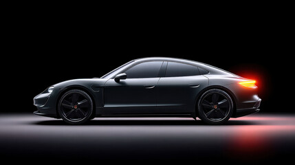 Obraz premium Sleek black electric sedan with glowing rear light on dark background, showcasing modern aerodynamic design and luxury style