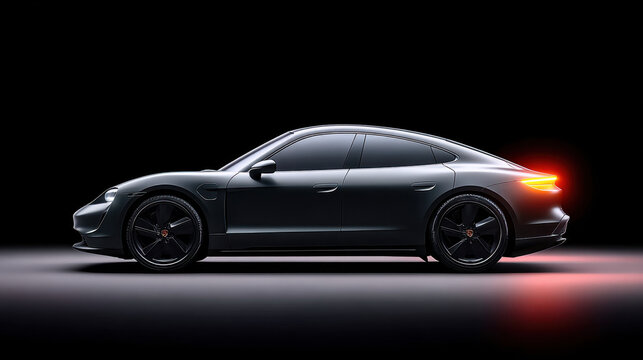 Sleek black electric sedan with glowing rear light on dark background, showcasing modern aerodynamic design and luxury style - Powered by Adobe