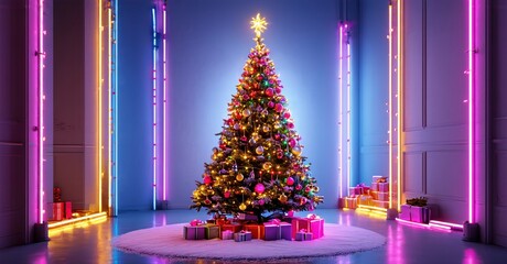 Vibrant Christmas tree dominates scene. Neon lights illuminate gifts, creating festive atmosphere. Modern, stylish holiday display.