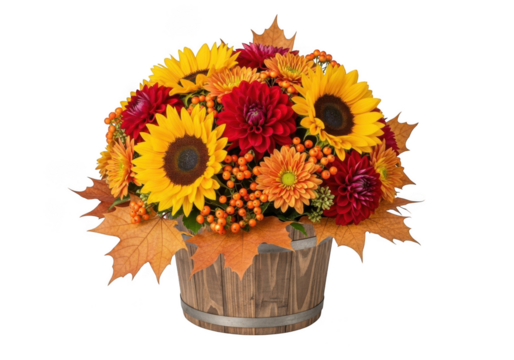 Autumn flowers in wooden bucket isolated on transparent background