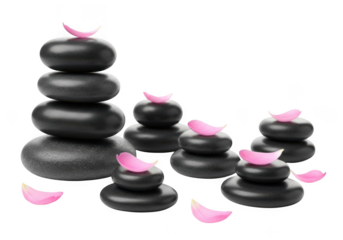 Stones stacked with petals, spa concept isolated on transparent background