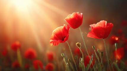 Red poppy flowers glowing in warm sunlight with soft dramatic lighting creating peaceful and vibrant natural scene