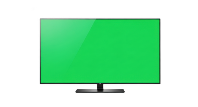 Modern flat screen television displaying a vibrant green screen in a dark setting transparent background